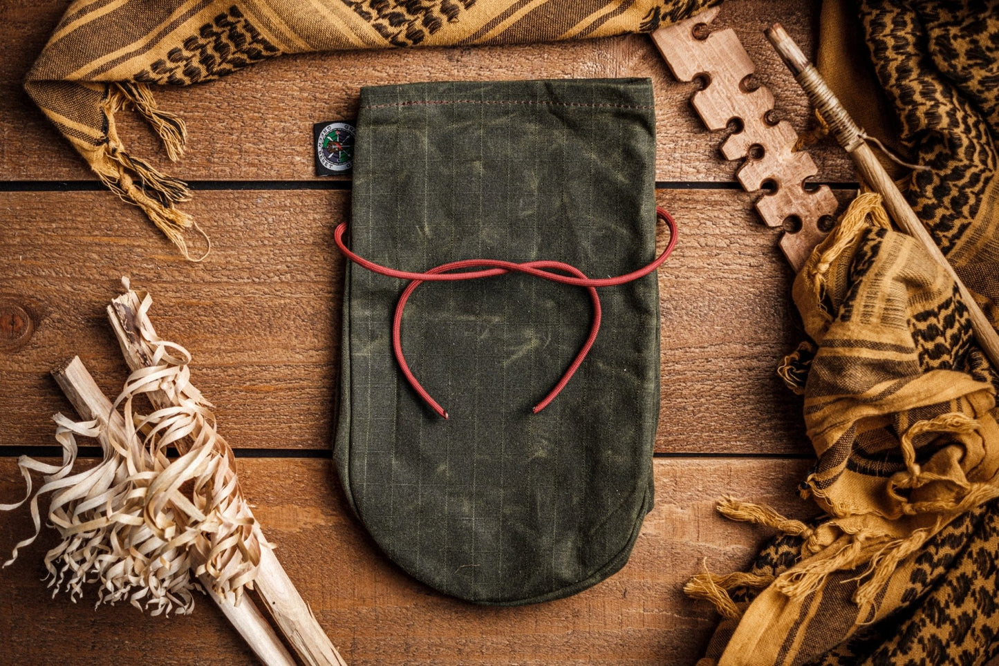 GB2 Waxed Canvas Tinder Pouch with Secure Tie Closure Flat Lay