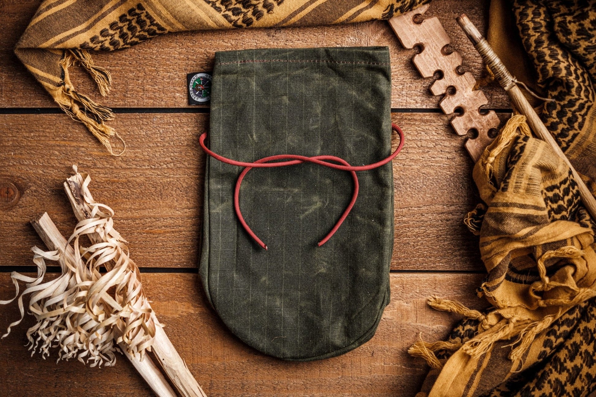 GB2 Waxed Canvas Tinder Pouch with Secure Tie Closure Flat Lay