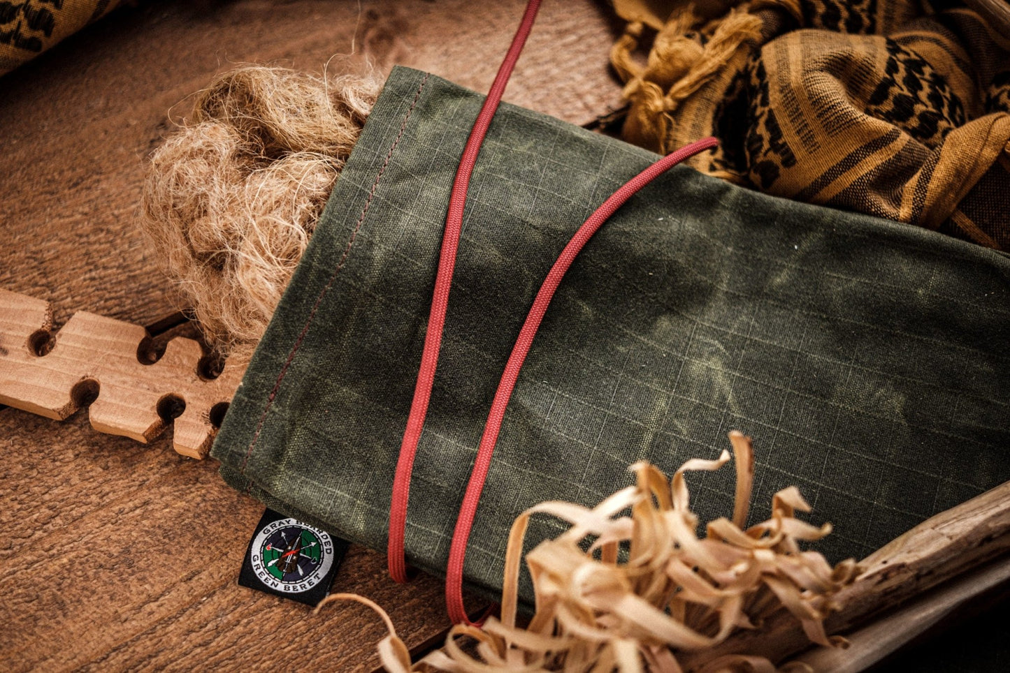 Waxed Canvas Tinder Pouch with Secure Tie Closure In Use